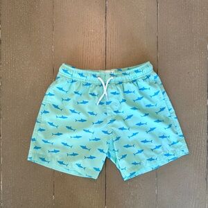 Bermies Boys’ “Great White” Aqua Shark Print UPF Swim Trunks • Size 8 Boys Youth